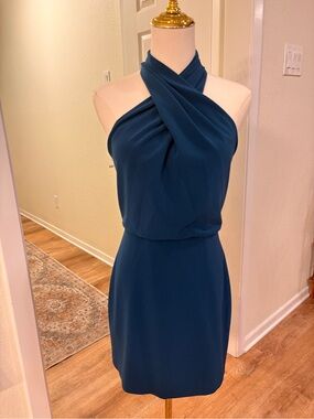 Halston Heritage Twisted Halter Mini Dress in Teal Blue